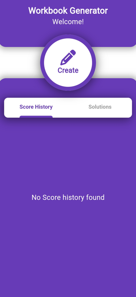 Workbook Generator - Main dashboard of the Workbook Generator app showing the create button and score history tab.