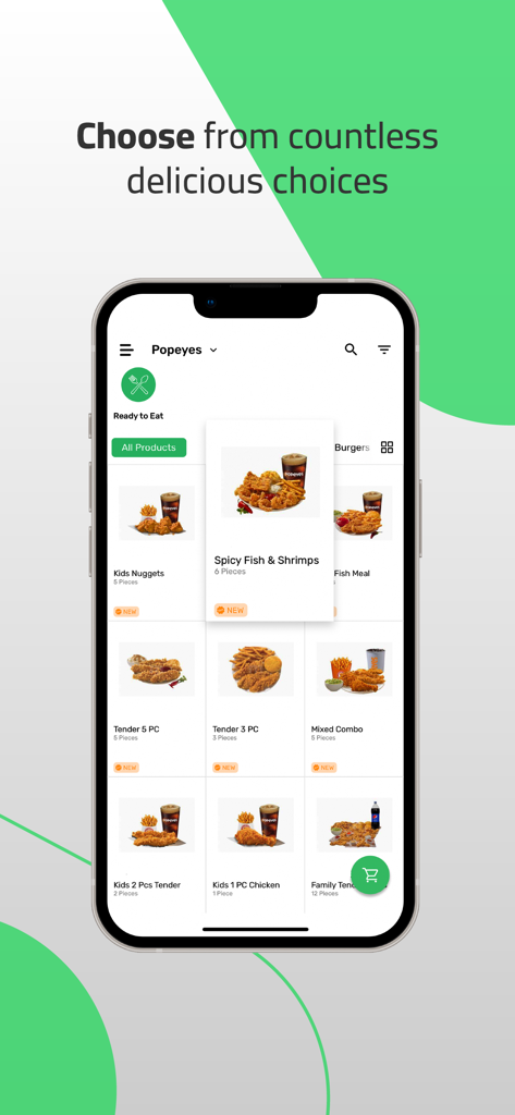 markit app - Interface da aplicação Markit a mostrar opções do menu de comida do Popeyes num iPhone