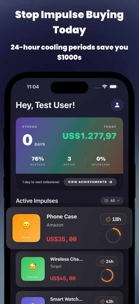SpendShield - Impulse buying - Dashboard do aplicativo móvel SpendShield mostrando timers de reflexão para compras impulsivas como capa de celular e carregador sem fio.