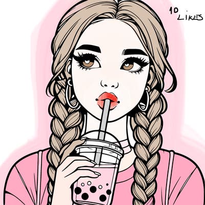 realistic girl with braided hair drinking boba