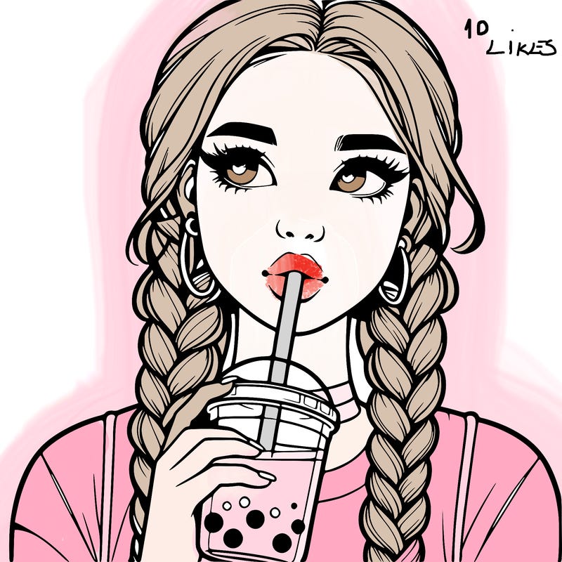 realistic girl with braided hair drinking boba