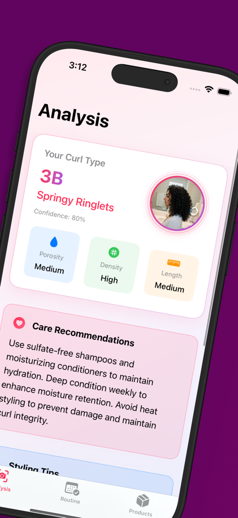 Curly Hair Scanner & Care Plan - Mobile app screen showing AI hair analysis results for 3B curls with personalized care recommendations.