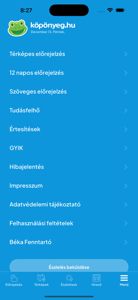 Köpönyeg - The menu interface of the Koponyeg weather app featuring Hungarian language options for forecasts and maps.