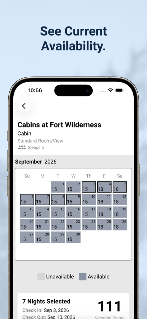 DVC Toolkit app screenshot showing a monthly availability calendar and point costs for Disney resort cabins.