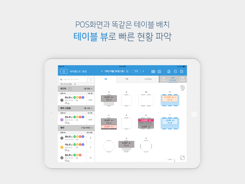 iPad interface of Catch Table for Business showing a real-time restaurant table layout and reservation list