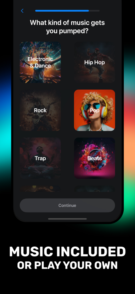 app screen showing music genre options like electronic hip hop and rock for treadmill workouts