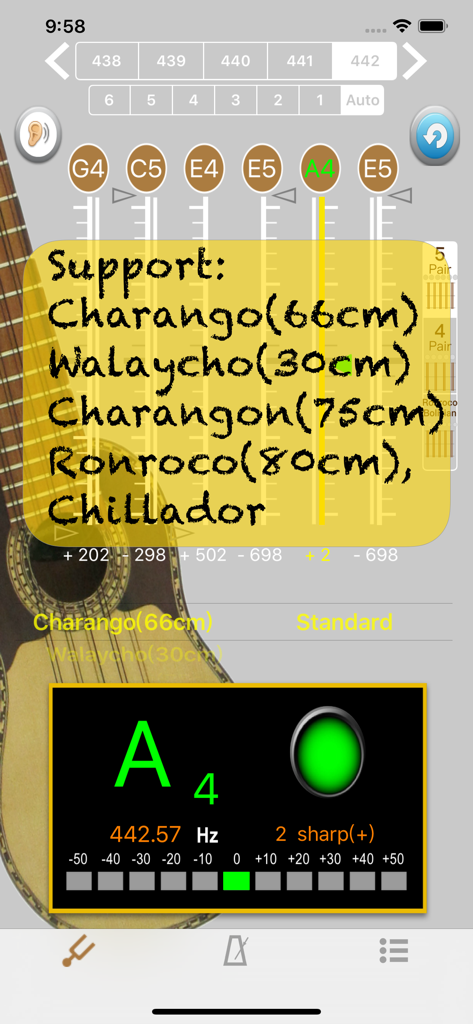 Charango Chillador Tuner - Tuning interface of Charango Chillador Tuner app showing supported instruments like Walaycho and Ronroco