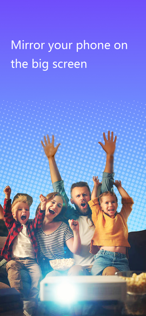 Castly+ - A family cheering on a couch while mirroring their phone to a big screen projector