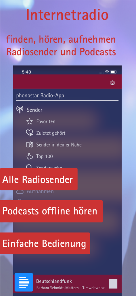 phonostar Radio - Radioplayer - Startbildschirm der phonostar Radio App mit Menüoptionen zum Entdecken und Aufnehmen von Internetradiosendern