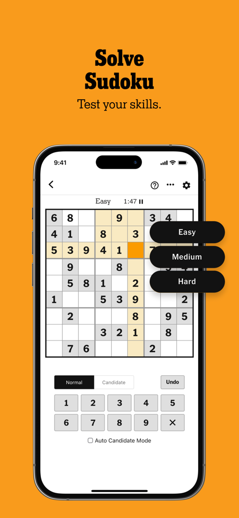 Der Sudoku-Spielbildschirm in der NYT Games-App, der Schwierigkeitsoptionen und ein Rätselgitter zeigt