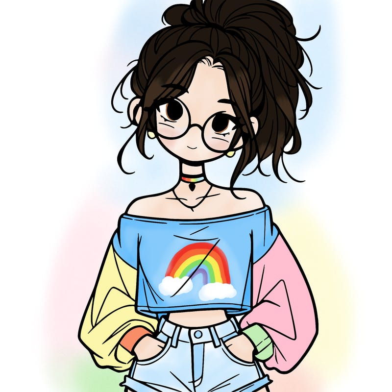 girl with a messy ponytail glasses a baggy crop top and jean shorts