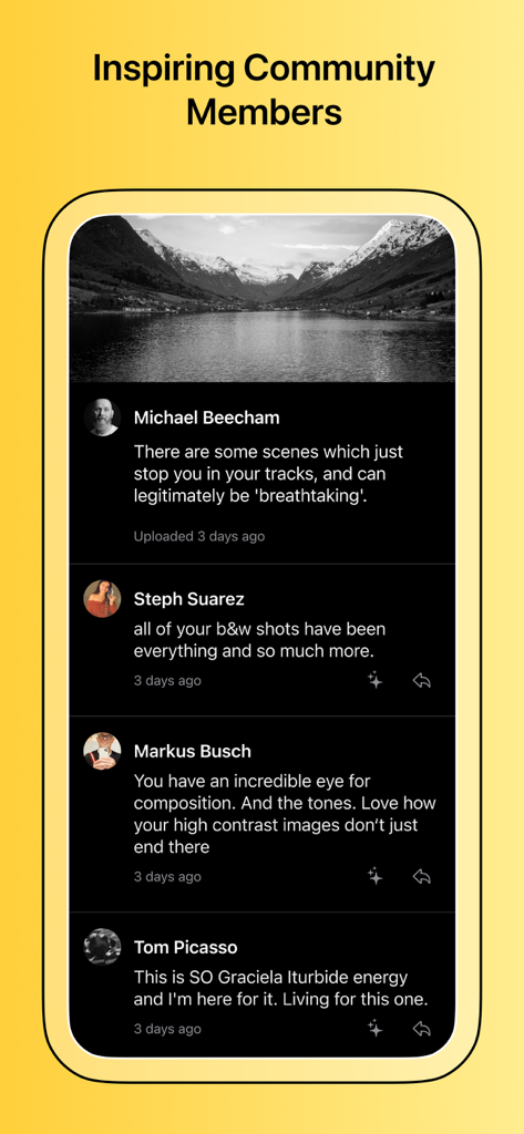 A black and white mountain landscape on the Glass app featuring thoughtful feedback from community members.