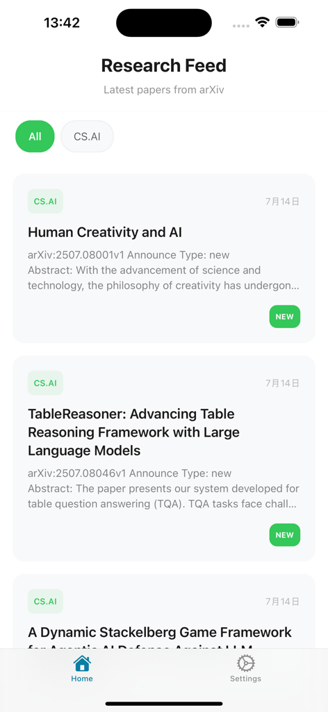 Screenshot of the Paperly AI app displaying a feed of the latest research papers from arXiv.
