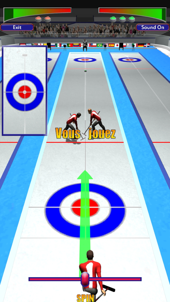 Curling OnLine simulation showing a player aiming a stone on the ice rink