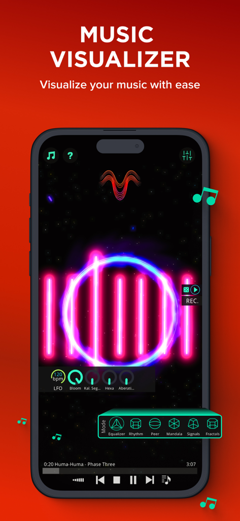 Smartphone displaying a neon music visualizer with glowing pink bars and blue circle effects