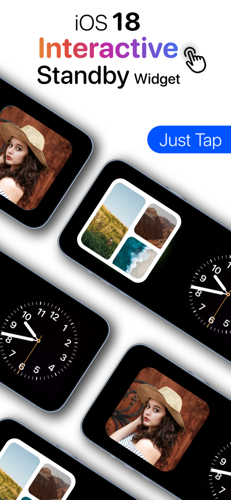 Photo Widget - Picture Collage - iOS 18 interactive standby widget showing photo collages and analog clocks