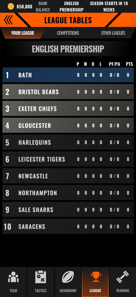 Rugby Manager 26 - Interfaz de tablas de liga en Rugby Manager 26 que muestra la clasificación de la Premiership inglesa.