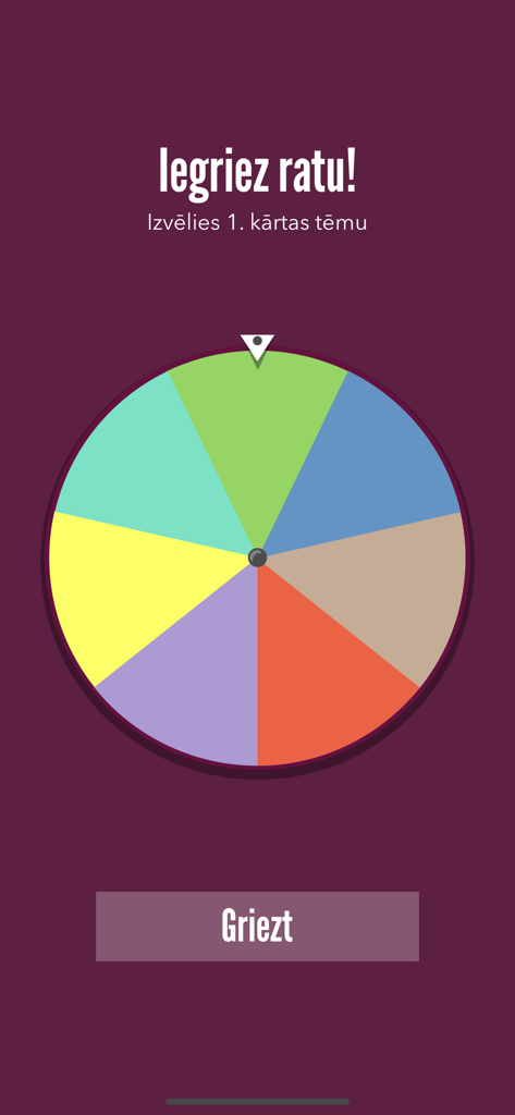 Kas Kas Ko - A colorful spinning wheel used to select trivia categories in the Kas Kas Ko Latvian heritage app
