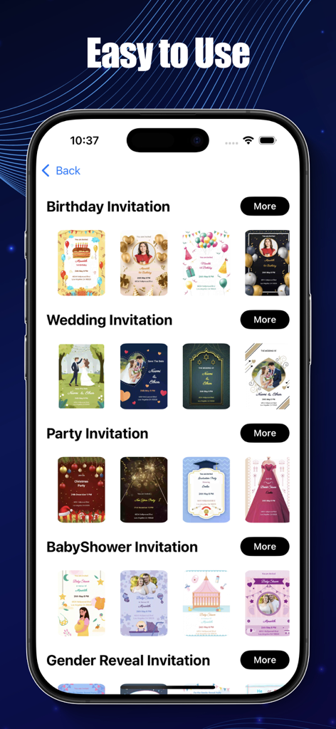 Invitation Maker: Card Design - Un écran de smartphone affichant diverses catégories de modèles d'invitations, y compris les anniversaires, les mariages et les baby showers dans l'interface de l'application.