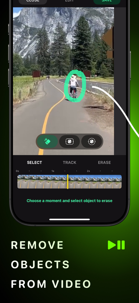 AI Video Eraser - Mobile app interface showing a cyclist being selected with a green circle to be removed from a scenic video