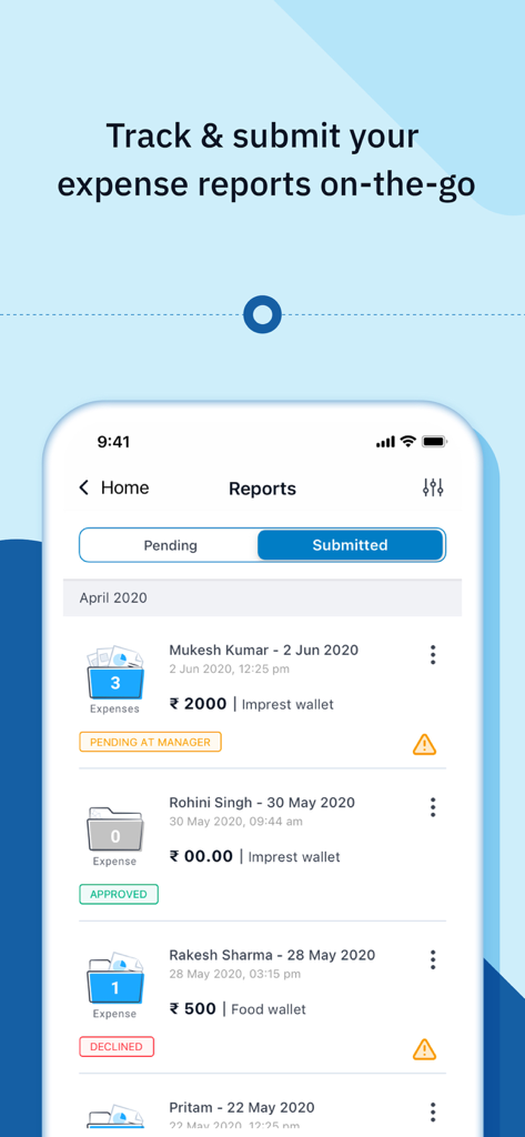 Happay Expense - A mobile app screen showing a list of tracked and submitted corporate expense reports with status indicators like approved and pending