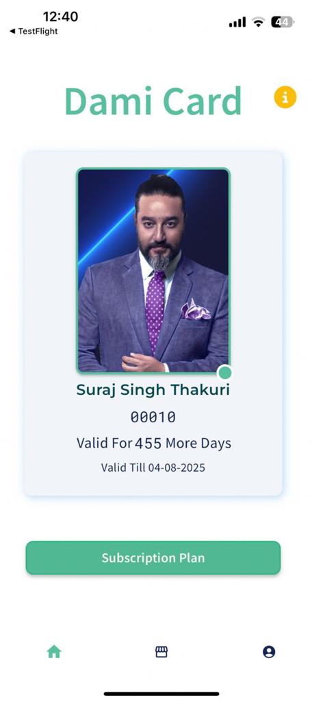 Dami Experience - Cartão de membro digital na aplicação Dami Experience com perfil de utilizador e período de validade