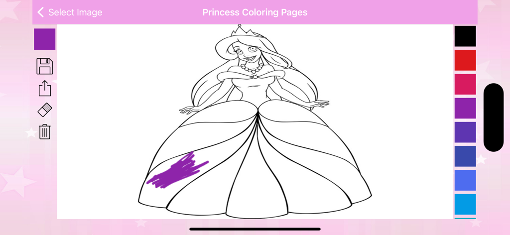 Princess Coloring Pages & Book - Un dibujo de princesa dentro de una aplicación de libro para colorear digital con herramientas de color y una paleta