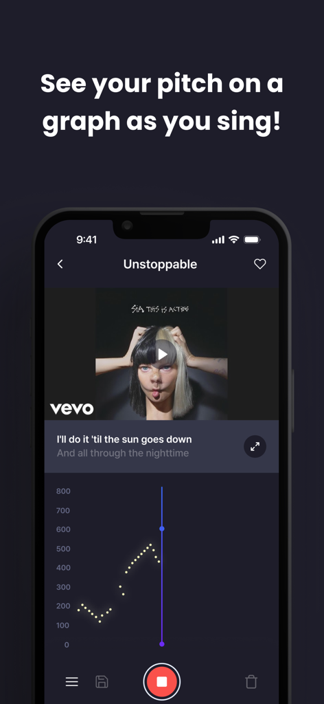 Interface of the Vocal Up app showing a singing session with a real time pitch graph and song lyrics