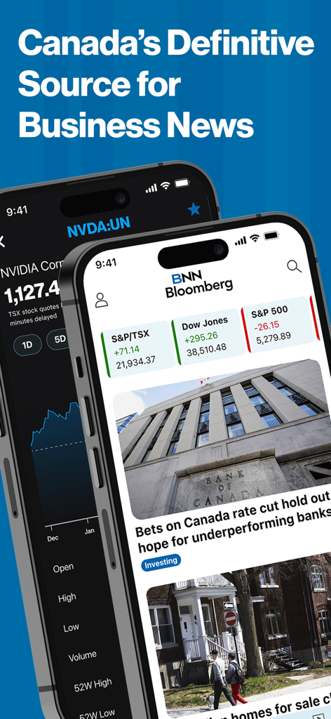 BNN Bloomberg mobile app displaying stock market data and financial news