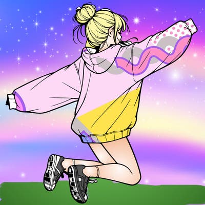 realistic girl jumping with a bun and oversized sweatshirt