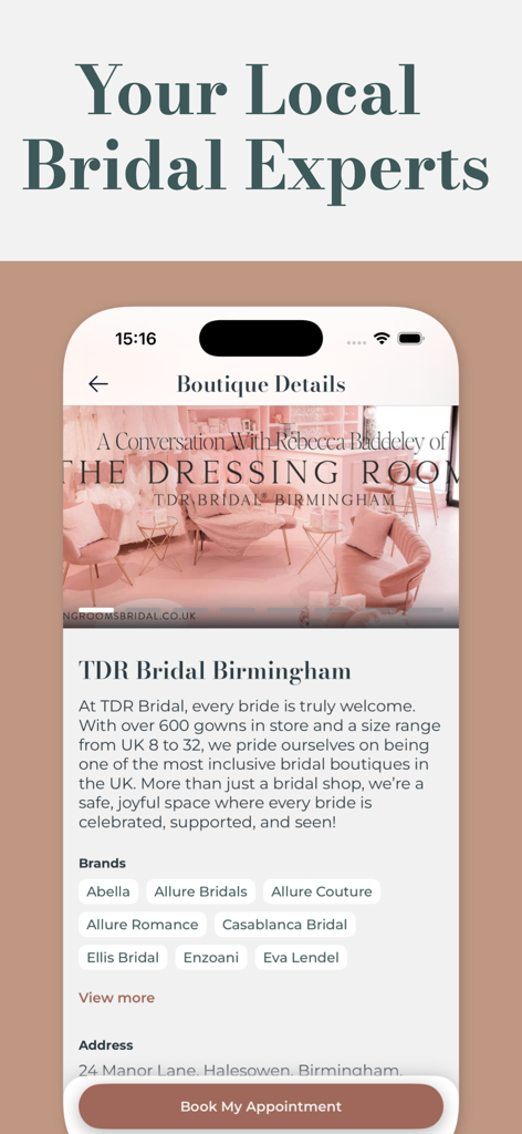 Pantalla de detalles de la boutique de Bridify mostrando información de tiendas nupciales locales y marcas de diseñadores.