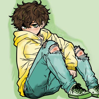 a male hoddie ripped jeans messy hair anime
