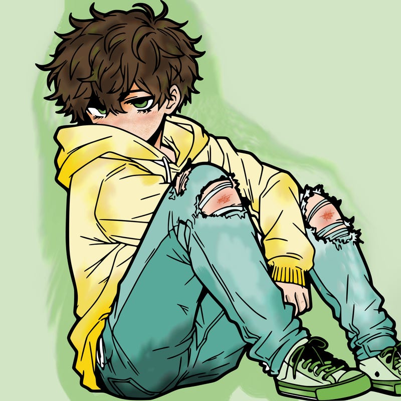 a male hoddie ripped jeans messy hair anime