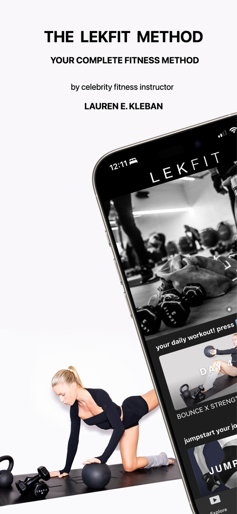 A woman performing a workout on a mat next to a phone displaying the LEKFIT fitness method app by celebrity instructor Lauren E Kleban.
