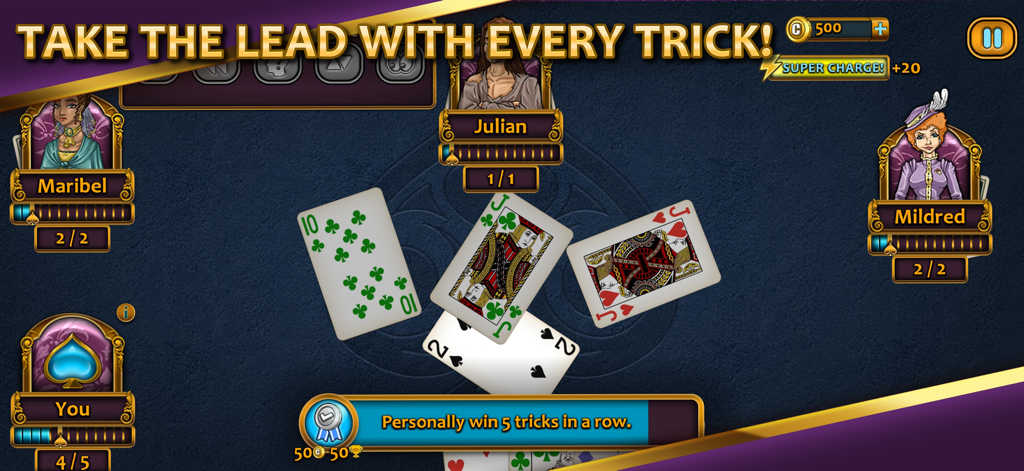 In game view of Aces Spades showing a trick taking match with Victorian style characters.
