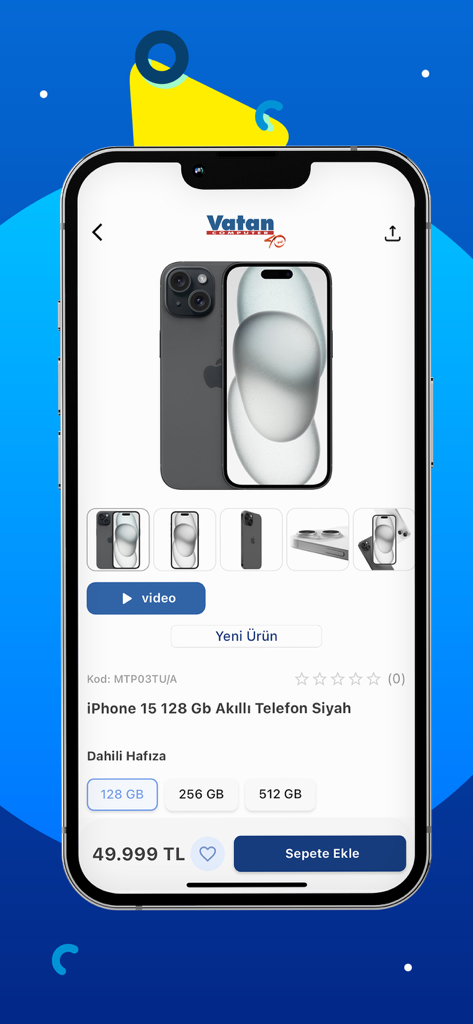 Página de detalhes do produto iPhone 15 no aplicativo de compras Vatan Bilgisayar mostrando preço e opções de armazenamento