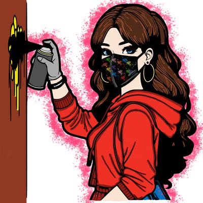 realistic girl with mask spray painting a wall