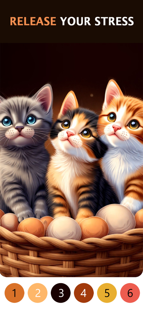 Tres gatitos lindos en una cesta en una pantalla de colorear por número