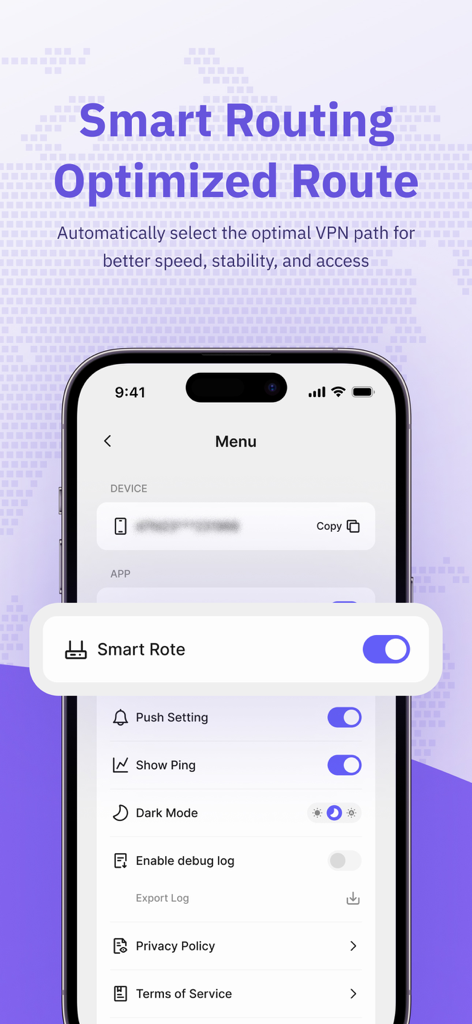 SpeedTop VPN settings menu featuring the smart routing option for optimized connection speed and stability