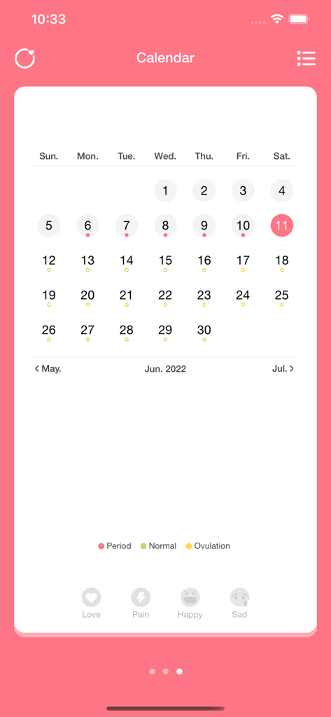 Easy Period 앱에서 추적된 날짜와 기분 태그를 보여주는 생리 주기 캘린더 보기
