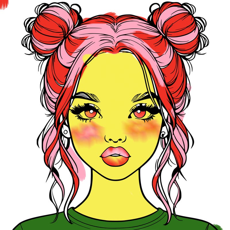realistic girl with two buns in hair and lips