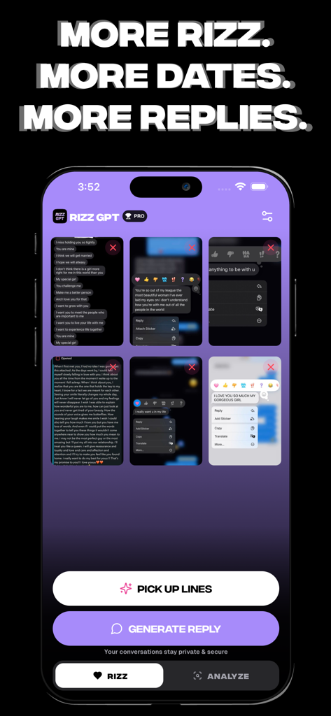 RizzGPT mobile app interface showing features for AI generated pickup lines and conversation replies