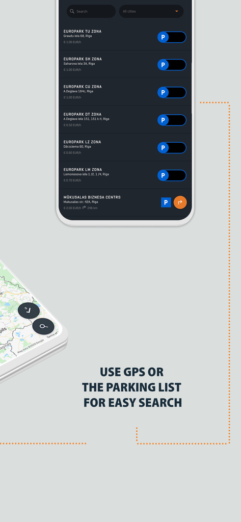 Ecrã da aplicação EuroPark mostrando uma lista de zonas de estacionamento com preços e uma funcionalidade de pesquisa por mapa GPS