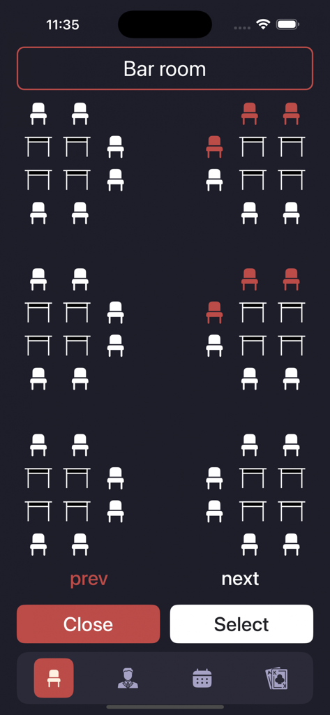 Day Winner Lounge - Real-time seating map of the bar room showing available and occupied spots in the Day Winner Lounge app