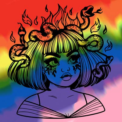 a plus size girl with short hair and snakes coming off her head like medusa, and flames in her eyes, beautiful and realistic