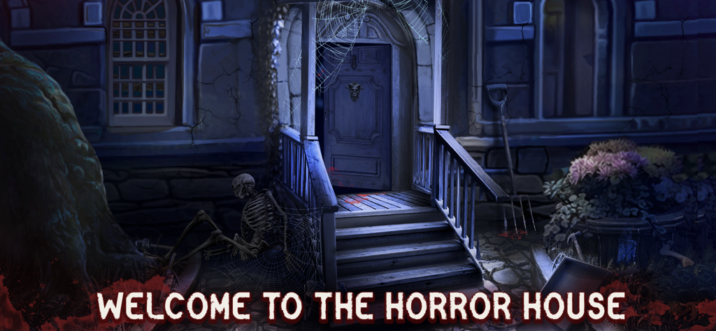 Horror House Escape Scary Game - Spooky entrance of a haunted house with a skeleton and cobwebs.