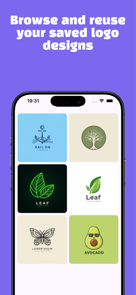 AI Logo Generator - Lōgō - アンカー、木、アボカドのアイコンなど、モバイルアプリのインターフェースに保存されたさまざまなロゴデザインのギャラリービュー。