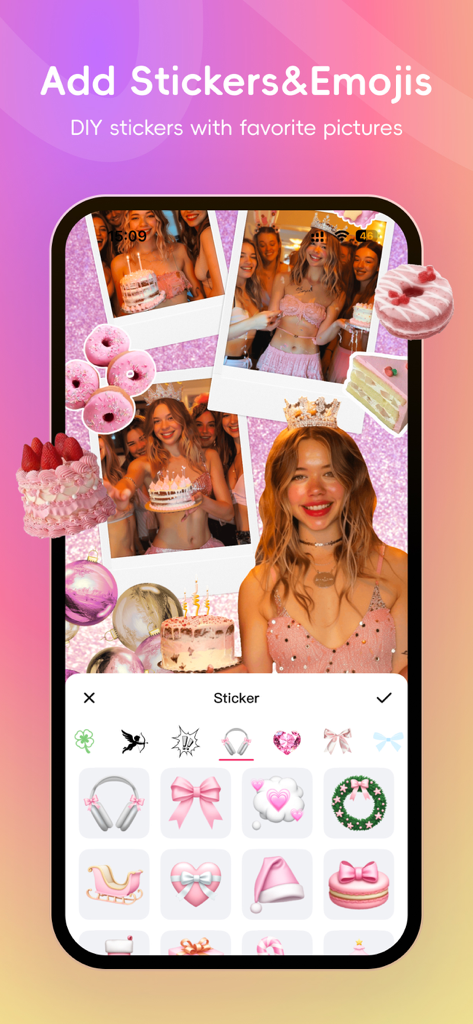Licowa -Photobooth & Wallpaper - Interface do aplicativo Licowa mostrando o recurso de edição de adesivos e emojis com uma colagem estética rosa de amigos.