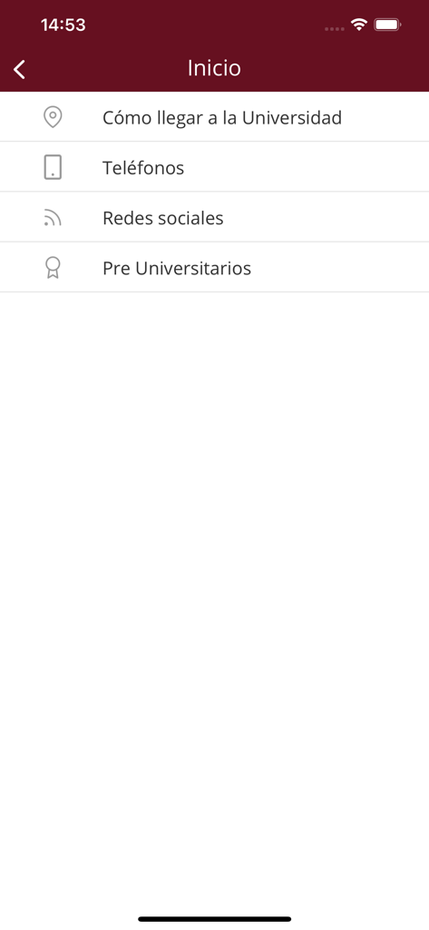 Universidad ORT Uruguay - Home screen of the Universidad ORT Uruguay mobile app showing the main navigation menu with academic and campus services.