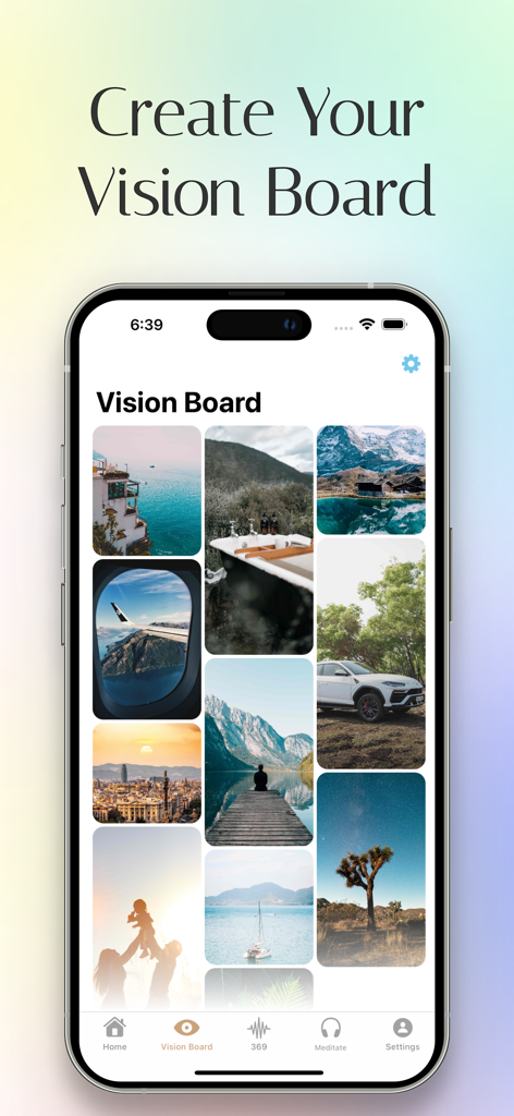 Manifest : Mood & Vision Board - Mobile app interface showing a curated vision board with aesthetic travel and lifestyle images